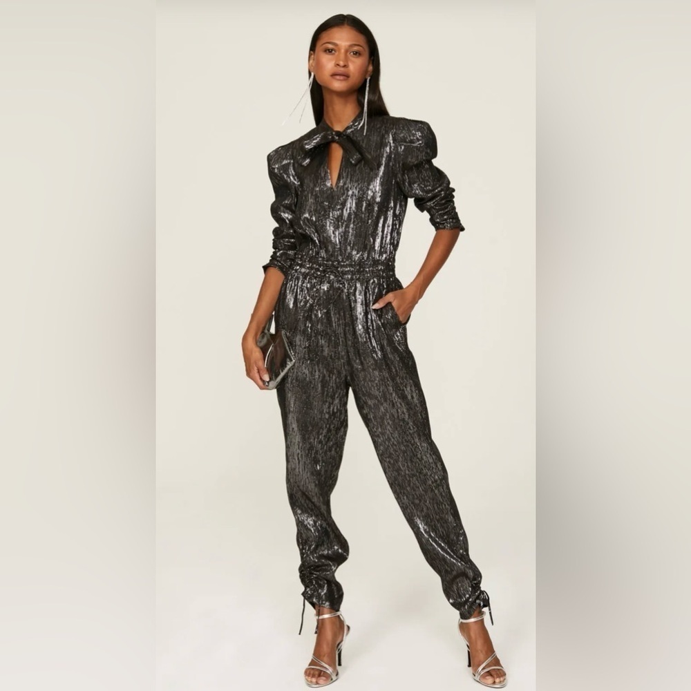 Scotch & Soda Silver/Black Shimmer Tie Neck Jumpsuit Size Large